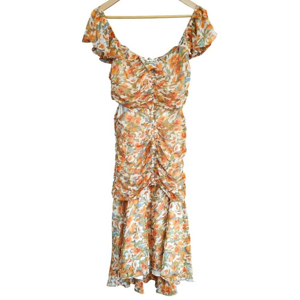 ASTR The Label Orange Floral Ruched Midi Milkmaid Dress Ruffle Sleeves Sz M NWT